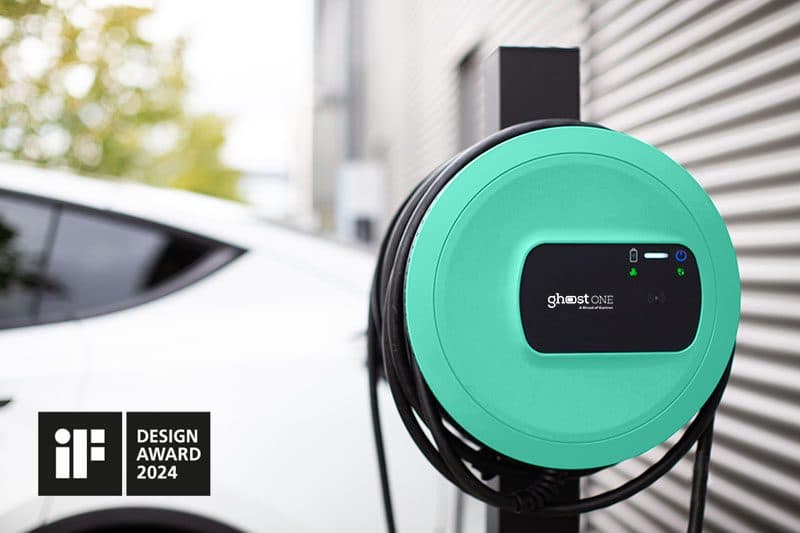 The ghost ONE wallbox charging a car, winner of the iF Design Award 2024